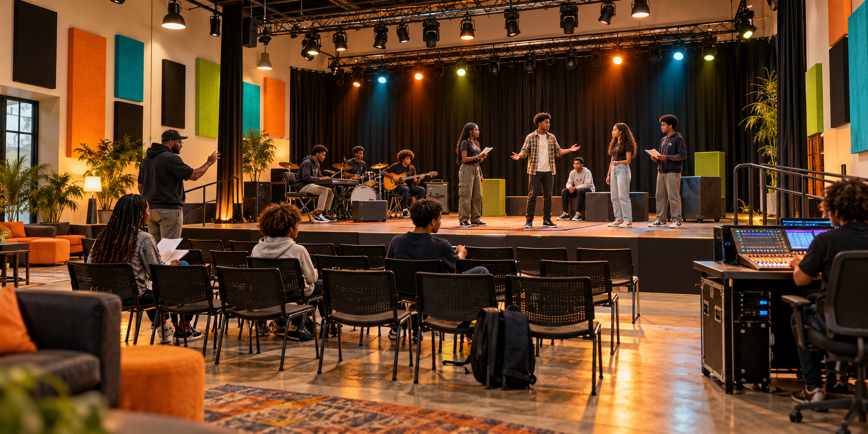 Concept illustration of a modest youth theater with a curtained stage, movable chairs, clear aisles and teens rehearsing with a mentor